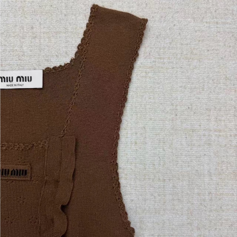 Miu Miu Chest-Ruffle Knit Tank in Warm Brown - Picture 6 of 8